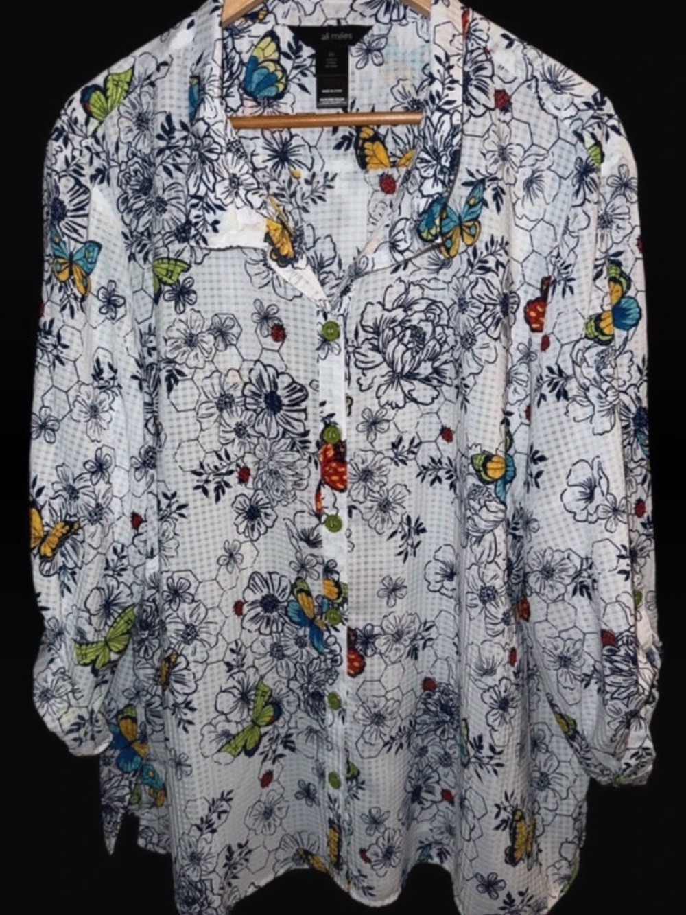 Ali Miles White and Blue Button-Front Blouse Butterfly Print
